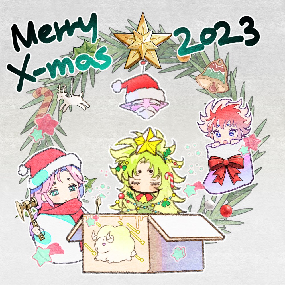 +_+ 2023 3boys aries_muu aries_shion arrow_(projectile) axe battle_axe bell blue_eyes blush_stickers bow bowtie box candy_cane_hair_ornament character_snowman chibi christmas christmas_ornaments christmas_stocking christmas_wreath closed_eyes commentary_request dual_wielding eyelashes food-themed_hair_ornament fur-trimmed_headwear fur_trim green_hair grey_background hair_ornament hairband hat holding holding_arrow holding_axe in_box in_container kiki_(saint_seiya) libra_douko long_hair makeinuota male_focus merry_christmas mistletoe mistletoe_hair_ornament multiple_boys neck_bell open_mouth pink_hair pom_pom_(clothes) red_bow red_bowtie red_hair red_headwear red_scarf saint_seiya santa_hat scarf short_hair simple_background smile sparkling_eyes spiked_hair star_(symbol) star_hair_ornament very_long_hair weapon white_hairband wreath