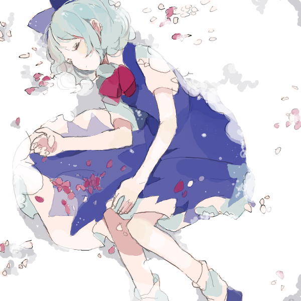 1girl ankle_socks bad_drawr_id bad_id blue_bow blue_dress bow bowtie cirno closed_eyes closed_mouth dress feet_out_of_frame from_side hair_bow hand_up jaggy_lines knees_together_feet_apart lying medium_dress oekaki okara_(cacacerulean) on_ground on_side petals pinafore_dress red_bow red_bowtie shadow short_hair short_sleeves sleeping sleeveless sleeveless_dress snow socks solo touhou white_socks