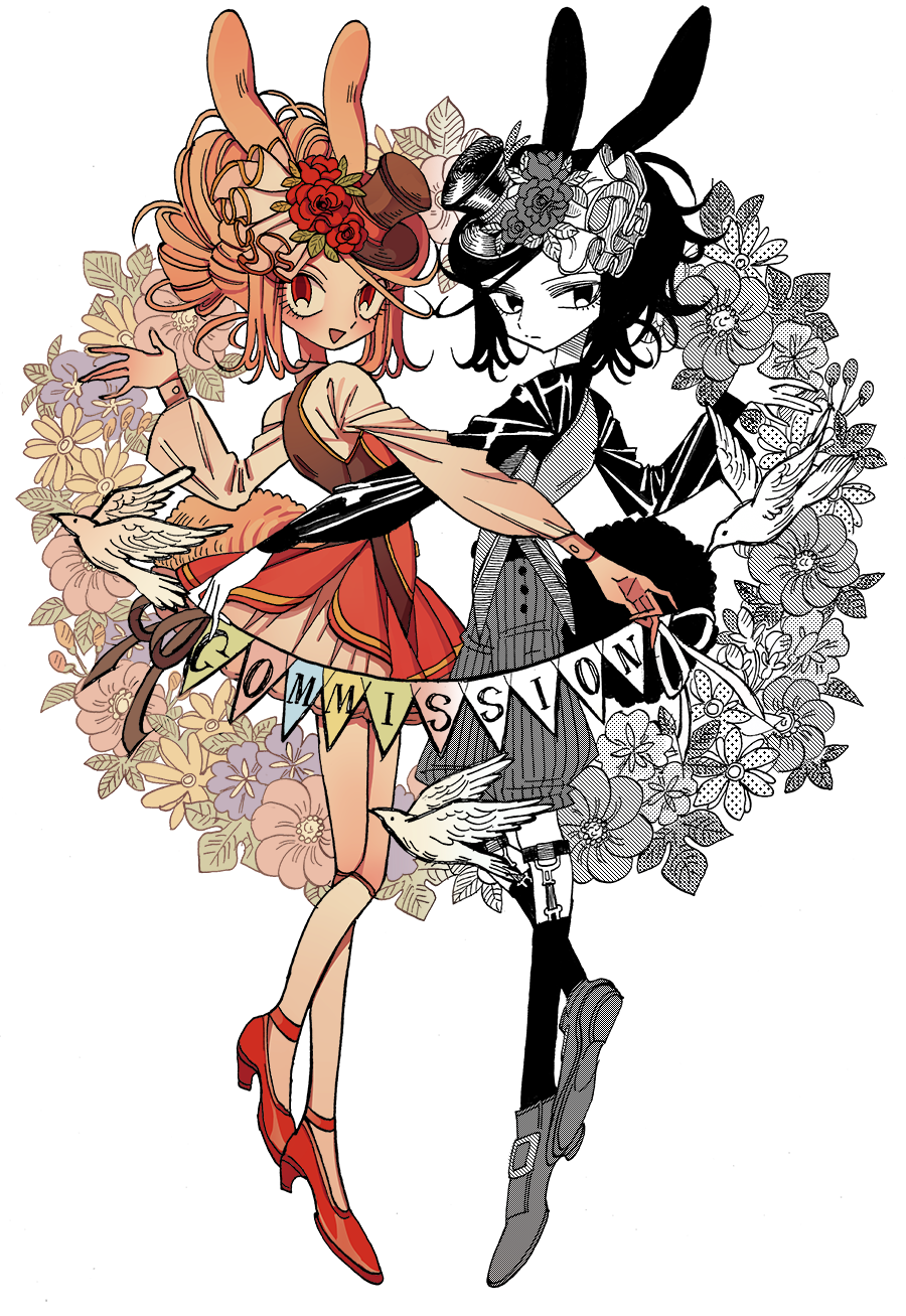 2girls animal_ears bird brown_ribbon closed_mouth color_contrast contrast dove expressionless floral_background flower flower_wreath full_body hand_up hat hat_flower high_heels highres holding long_sleeves looking_at_viewer meremero multiple_girls open_mouth original partially_colored polar_opposites puffy_long_sleeves puffy_sleeves rabbit_ears red_eyes red_flower red_footwear red_rose red_skirt ribbon rose shirt shoes short_hair skirt smile standing string_of_flags symmetrical_pose top_hat white_background white_shirt