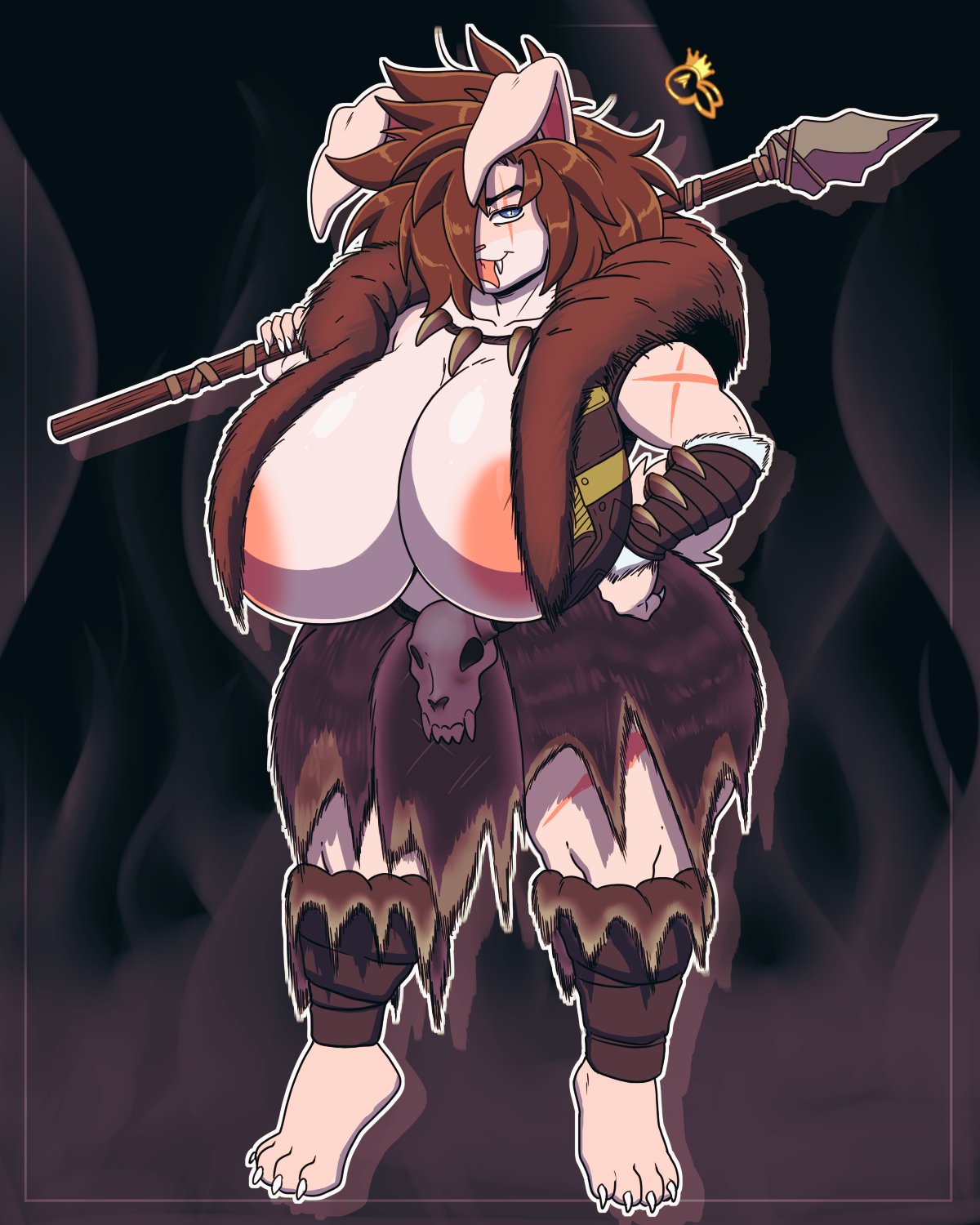 anthro areola armwear big_breasts bottomwear breasts brown_hair clothing female hair hi_res huge_breasts hunter jacket jasmine_boingston lagomorph legwear leporid mammal melee_weapon pink_body polearm rabbit scar skirt solo spear tongue topwear weapon zeromccall