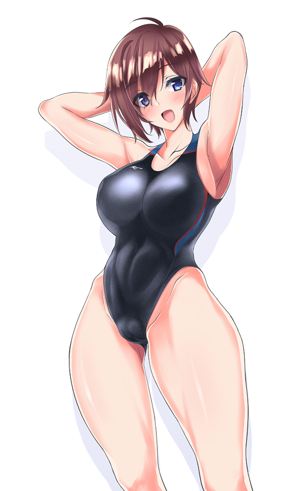 1girl arms_behind_head black_eyes black_swimsuit breasts brown_hair collarbone commentary_request cowboy_shot highleg highleg_swimsuit large_breasts looking_at_viewer miyane_aki_(radical_dash) open_mouth original short_hair simple_background smile solo standing swimsuit white_background