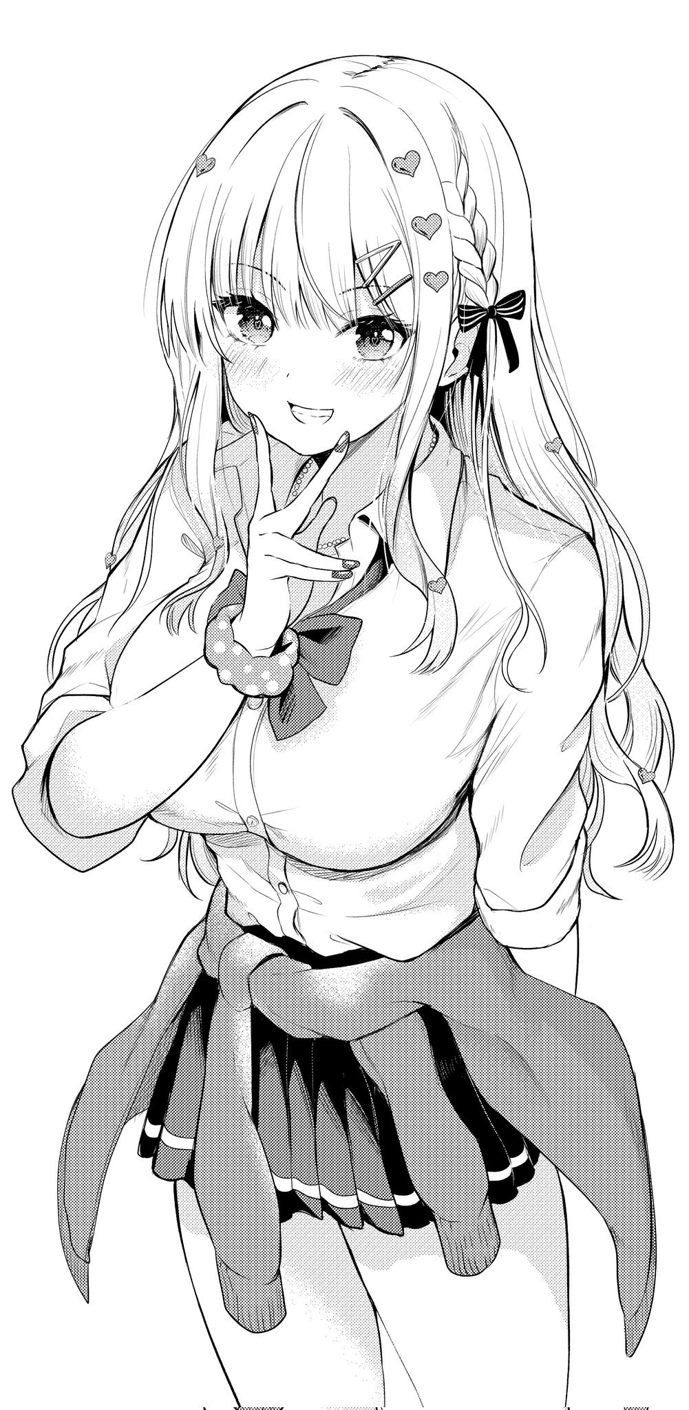 1girl blush bow bowtie braid breasts buttons collared_shirt greyscale hair_bow hair_ornament hairclip heart heart-shaped_pupils heart_hair_ornament highres jewelry large_breasts long_hair monochrome necklace original pleated_skirt ryopa scrunchie shirt skirt sleeves_rolled_up smile solo symbol-shaped_pupils tied_sweater wrist_scrunchie