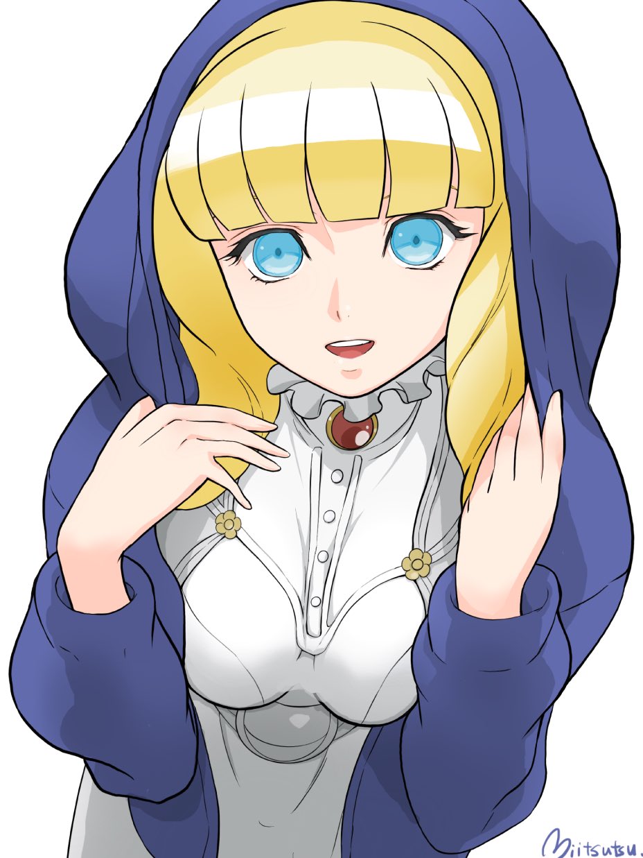 1girl belt blonde_hair blue_eyes blue_jacket breast_focus breasts brooch buttons dianna_soreil disguise dress drill_hair flower gundam highres holding_hoodie hood hooded_jacket hoodie jacket jewelry large_breasts long_sleeves looking_at_viewer mitsutsu322 open_mouth red_brooch simple_background smile solo turn_a_gundam turtleneck turtleneck_dress white_background white_dress