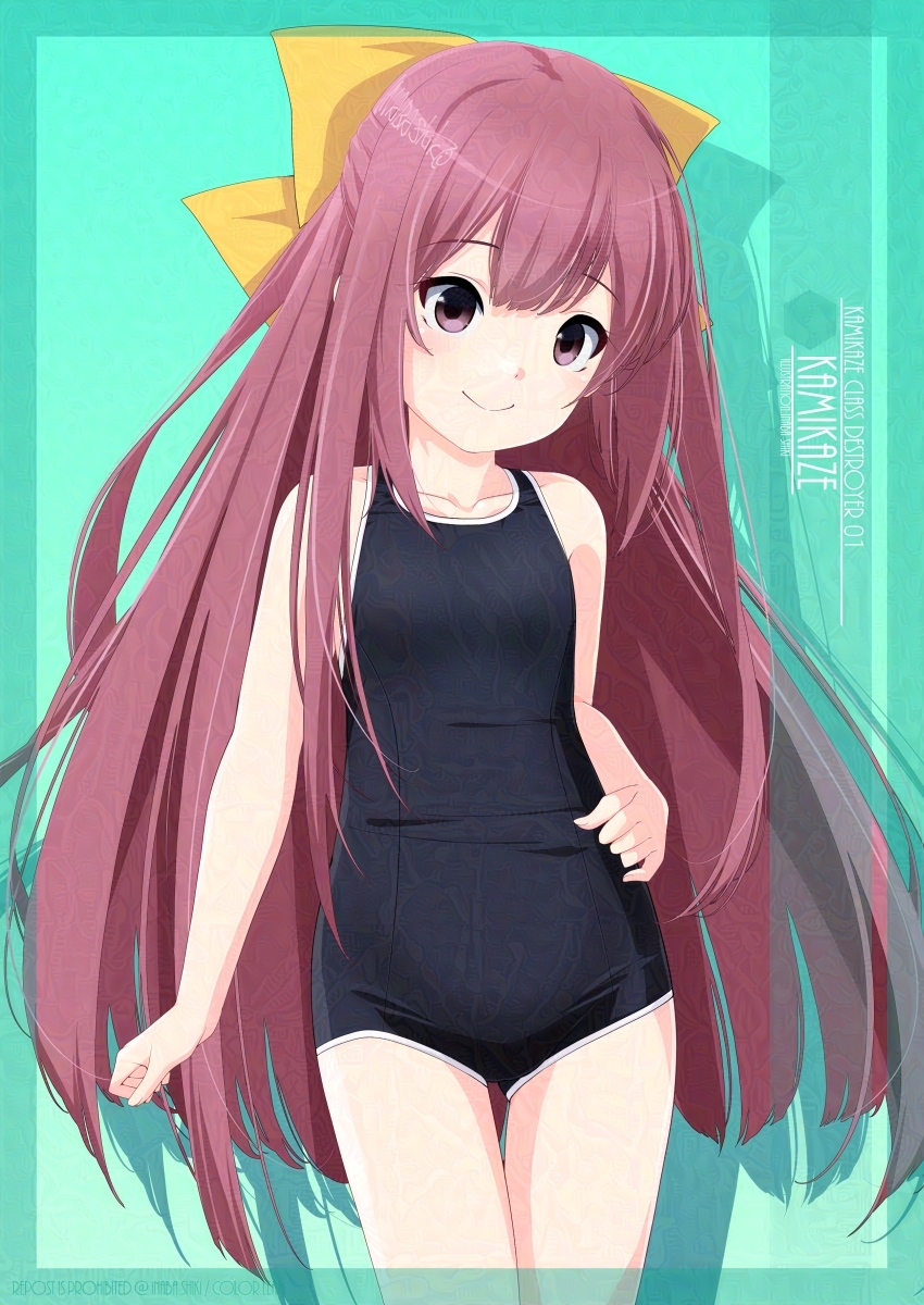 1girl artist_name black_one-piece_swimsuit bow breasts character_name commentary_request cowboy_shot glaze_protected_image green_background hair_bow half_updo highres inaba_shiki kamikaze_(kancolle) kantai_collection long_hair looking_at_viewer new_school_swimsuit one-piece_swimsuit purple_eyes purple_hair school_swimsuit small_breasts solo standing swimsuit thigh_gap yellow_bow