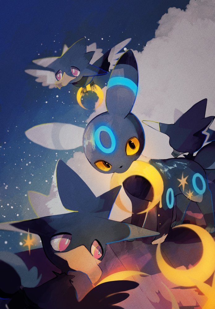 alternate_color animal_focus bird black_eyes black_wings bright_pupils carrying cloud cloudy_sky colored_sclera commentary crescent crescent_moon feathered_wings flying glowing holding li04r moon murkrow night night_sky no_humans outdoors pokemon pokemon_(creature) red_eyes shiny_pokemon sky sparkle standing star_(sky) umbreon wings yellow_sclera