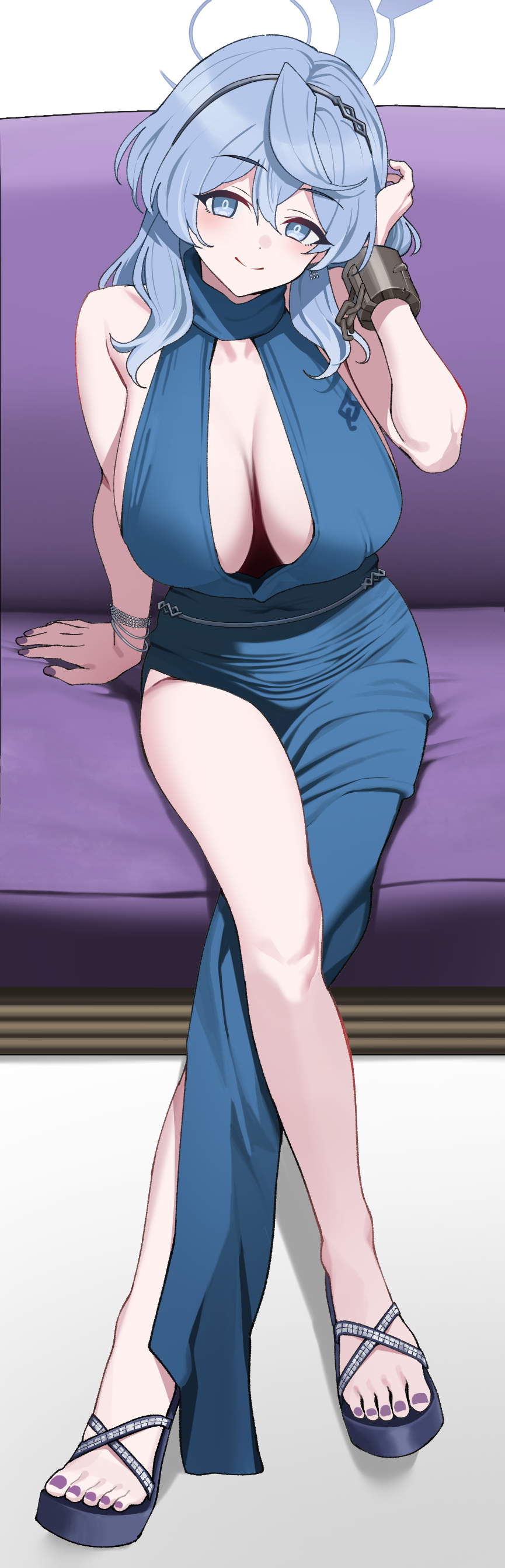 1girl absurdres ako_(blue_archive) ako_(dress)_(blue_archive) black_footwear black_hairband blue_archive blue_dress blue_eyes blue_hair blue_halo blush breasts closed_mouth cuffs dress fingernails full_body hair_between_eyes hairband halo handcuffs high_heels highres large_breasts long_hair nail_polish official_alternate_costume purple_nails ramanda sideboob simple_background sitting sleeveless sleeveless_dress smile solo white_background