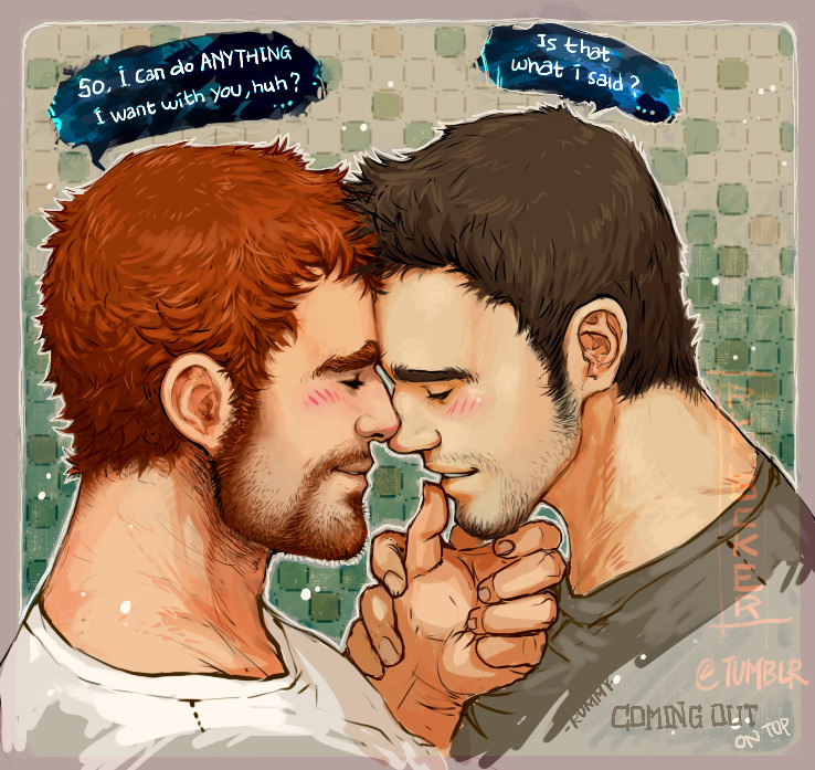 2boys bad_id bad_tumblr_id bara beard_stubble blush brad_(coming_out_on_top) brown_hair coming_out_on_top couple facial_hair finger_to_another's_mouth forehead-to-forehead from_side hand_on_another's_hand happy heads_together intertwined_hair long_sideburns male_focus mark_(coming_out_on_top) mature_male medium_sideburns multiple_boys mustache_stubble neckbeard noses_touching orange_hair portrait profile rumlockerart shirt short_hair sideburns sideburns_stubble smile sparse_stubble stubble t-shirt thick_eyebrows yaoi