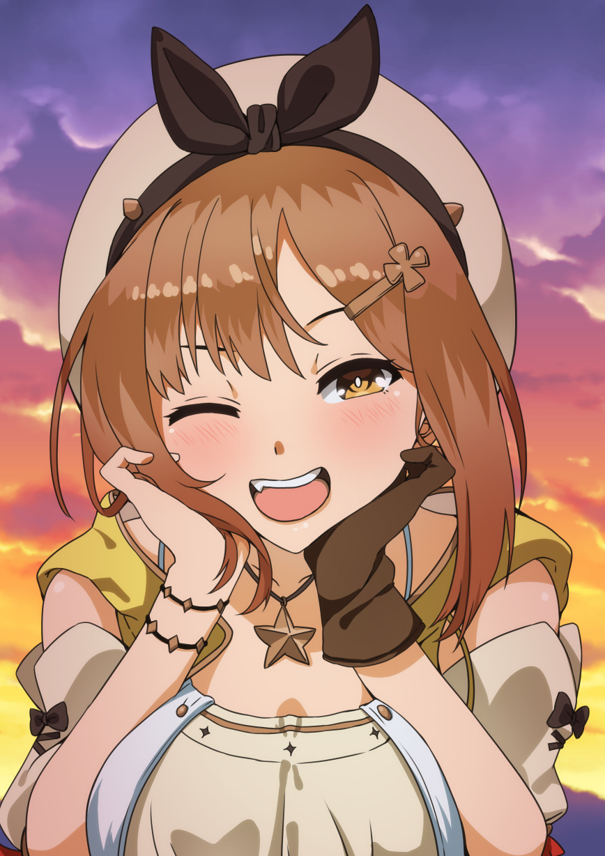 1girl atelier_(series) atelier_ryza atelier_ryza_1 beret blush bracelet breasts brown_eyes brown_hair detached_sleeves fang gloves hair_ornament hairclip hands_on_own_cheeks hands_on_own_face hat highres jewelry large_breasts looking_at_viewer necklace one_eye_closed open_mouth outdoors reisalin_stout short_hair short_sleeves single_glove sky smile solo sunset upper_body vest yotsuba_ichinose