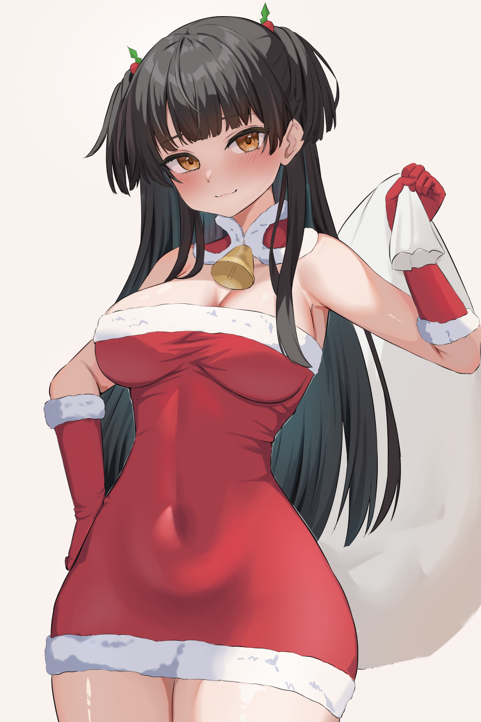 1girl bell black_hair blunt_bangs blush breasts brown_eyes cleavage closed_mouth collar covered_navel cowboy_shot detached_collar dress fur-trimmed_collar fur-trimmed_dress fur-trimmed_gloves fur_trim gloves hand_on_own_hip hand_up head_tilt highres holding holding_sack idolmaster idolmaster_shiny_colors large_breasts long_hair looking_at_viewer mayuzumi_fuyuko neck_bell red_collar red_dress red_gloves sack santa_dress short_dress simple_background smile solo straight_hair strapless strapless_dress tight_clothes tight_dress two_side_up ushimizu wide_hips