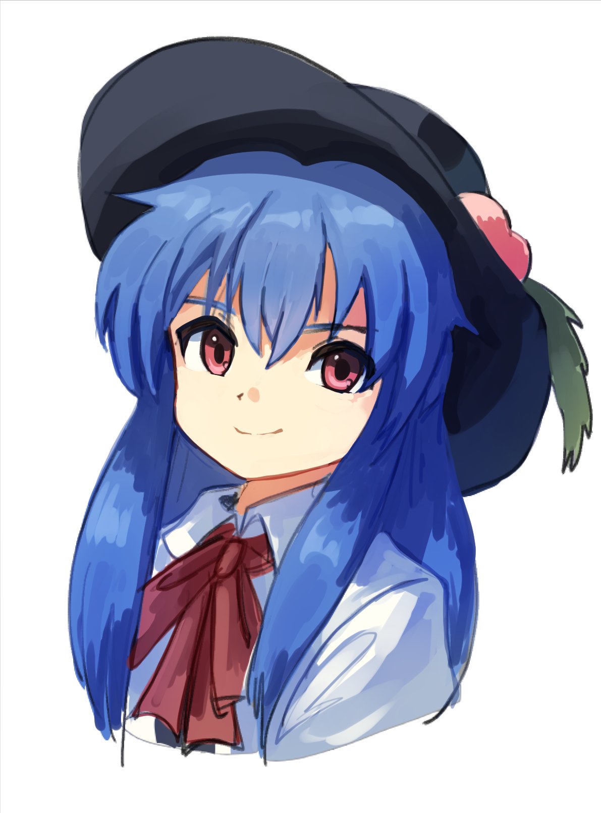 1girl black_headwear blue_hair closed_mouth collared_shirt commentary_request cropped_torso happy highres hinanawi_tenshi leaf long_hair looking_at_viewer neck_ribbon peach_hat_ornament plus2sf puffy_short_sleeves puffy_sleeves red_eyes red_ribbon ribbon shirt short_sleeves sidelocks simple_background smile solo touhou very_long_hair white_background white_shirt