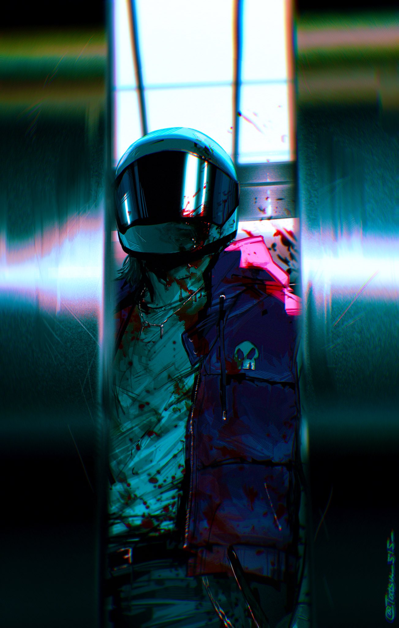 1boy belt biker_(hotline_miami) blood blood_on_clothes blood_splatter chain chromatic_aberration elevator elevator_door facing_viewer helmet highres hotline_miami male_focus motorcycle_helmet pants pink_vest shirt solo standing tatsu_(tatsumccree) twitter_username vest white_shirt