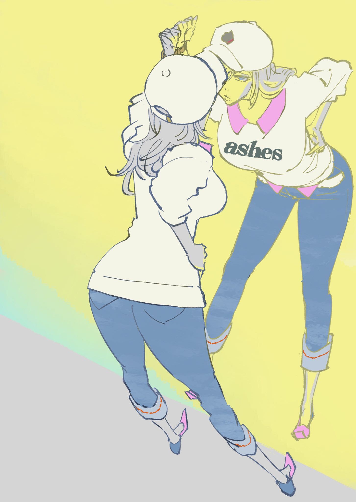 1girl alternate_costume bleach blue_eyes breasts closed_mouth clothes_writing denim english_text from_above full_body hand_on_own_hip hat highres impossible_clothes jeans kubo_tite large_breasts leaning_forward lips long_hair looking_at_reflection matsumoto_rangiku multicolored_background official_art pants peaked_cap reflection shirt simple_background sketch sleeves_rolled_up solo white_headwear white_shirt yellow_background