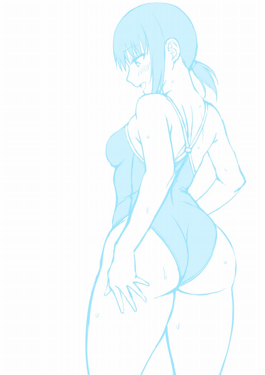 1girl ass blue_theme breasts competition_school_swimsuit cowboy_shot from_behind fubuki_(kancolle) highres kantai_collection looking_down low_ponytail medium_hair monochrome school_swimsuit short_ponytail sidelocks small_breasts solo standing swimsuit uron-rei