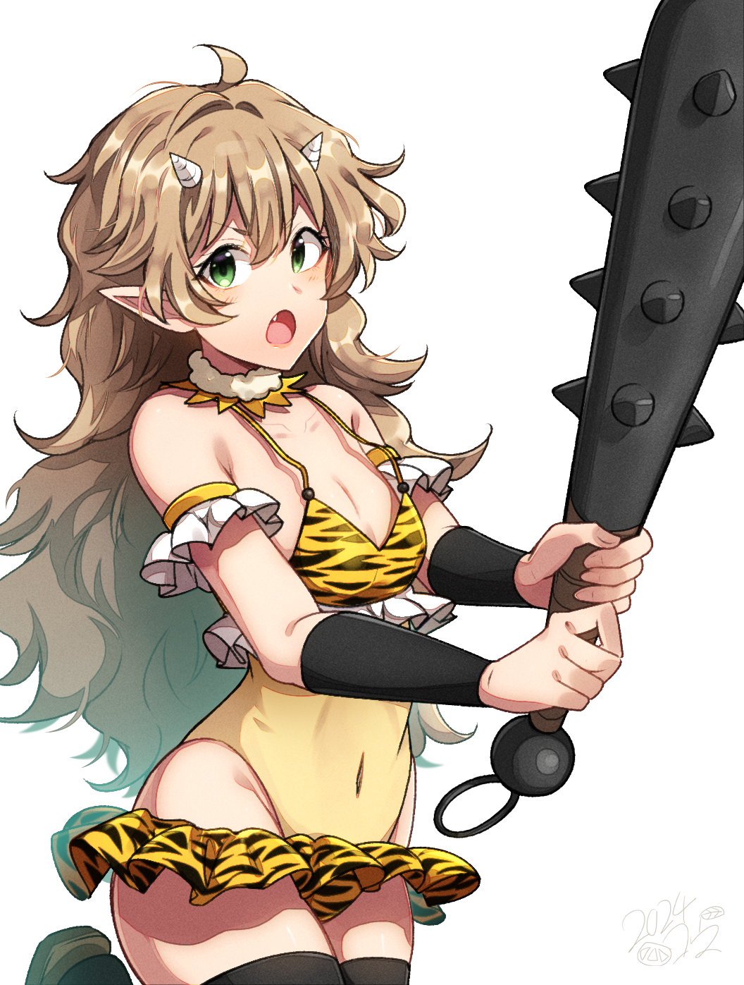:o ahoge animal_print bare_shoulders bikini black_thighhighs blush breasts brown_hair covered_navel cowboy_shot druid_girl_(goblin_slayer!) fang fur_collar goblin_slayer! green_eyes highres holding holding_weapon horns kankitukou large_breasts leopard_print leotard long_hair pointy_ears simple_background solo swimsuit thighhighs weapon white_background yellow_leotard