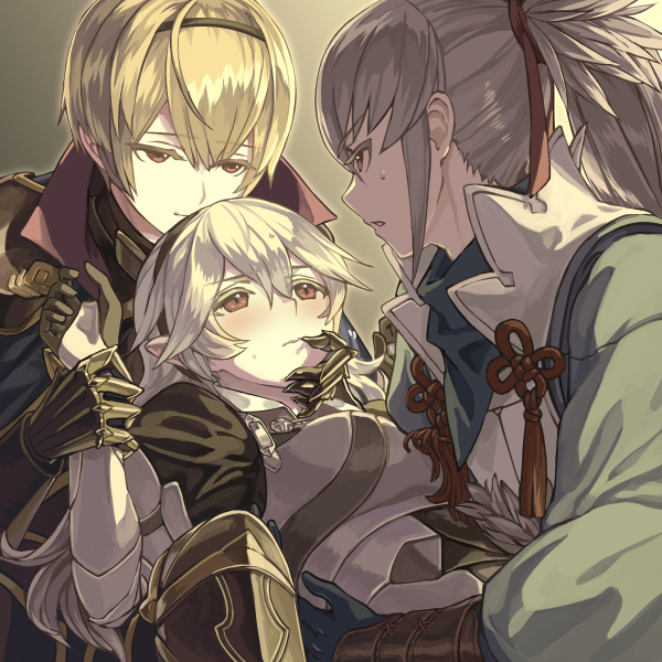 1girl 2boys black_gloves black_hairband blonde_hair brown_eyes eye_contact female_my_unit_(fire_emblem_if) fire_emblem fire_emblem_if gloves hair_ribbon hairband leon_(fire_emblem_if) long_hair looking_at_another lying mooncanopy multiple_boys my_unit_(fire_emblem_if) on_back pointy_ears ponytail red_eyes red_ribbon ribbon short_hair silver_hair sweatdrop takumi_(fire_emblem_if) upper_body wrist_grab