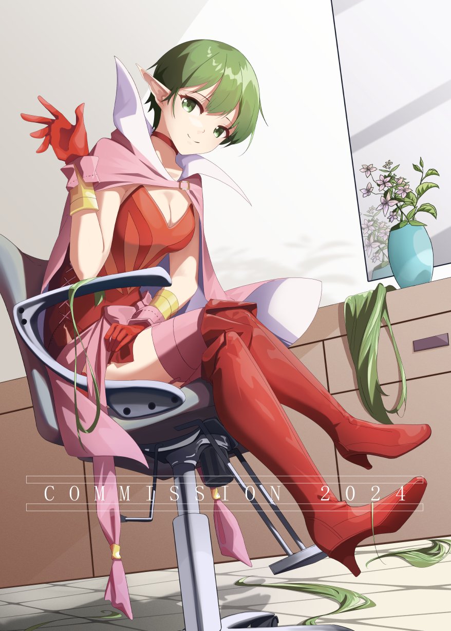 1girl ahrara alternate_hair_length alternate_hairstyle bracelet breasts cape chair cleavage collar commission fire_emblem fire_emblem_awakening flower green_eyes green_hair highres indoors jewelry looking_at_viewer mirror on_chair pink_cape pointy_ears red_footwear short_hair smile tiki_(adult)_(fire_emblem) tiki_(fire_emblem) waving white_collar