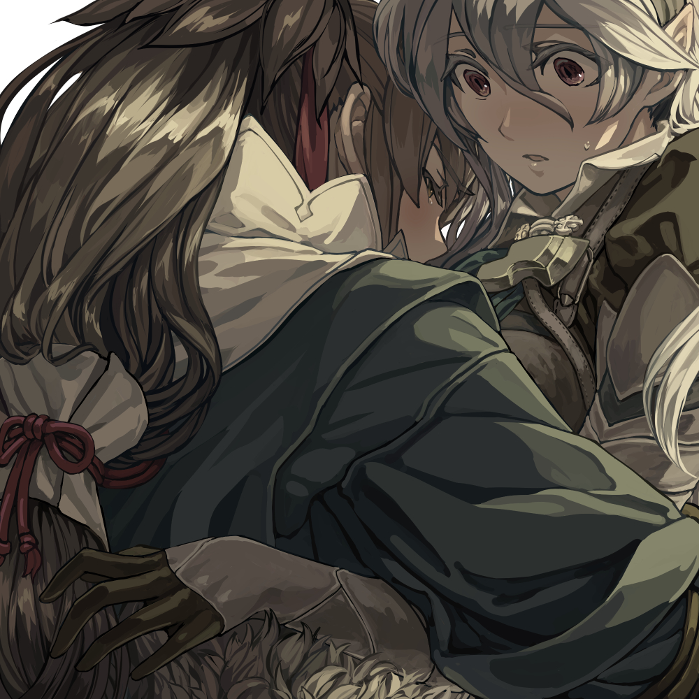 1boy 1girl black_gloves brown_hair female_my_unit_(fire_emblem_if) fire_emblem fire_emblem_if gloves grey_kimono hair_between_eyes japanese_clothes kimono long_hair mooncanopy my_unit_(fire_emblem_if) open_mouth pointy_ears red_eyes silver_hair takumi_(fire_emblem_if) upper_body