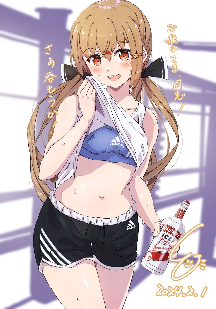 1girl :d adidas alcohol alternate_costume black_bow black_shorts blue_sports_bra bottle bow breasts brown_eyes brown_hair clothes_lift commentary_request dated hair_between_eyes hair_bow hair_ornament hairclip highres holding holding_bottle kantai_collection ld_(luna_dial398) lifted_by_self long_hair looking_at_viewer low_twintails navel shirt_lift short_shorts shorts small_breasts smile solo sports_bra sportswear sweat tank_top tashkent_(kancolle) translation_request twintails vodka white_tank_top wiping_sweat