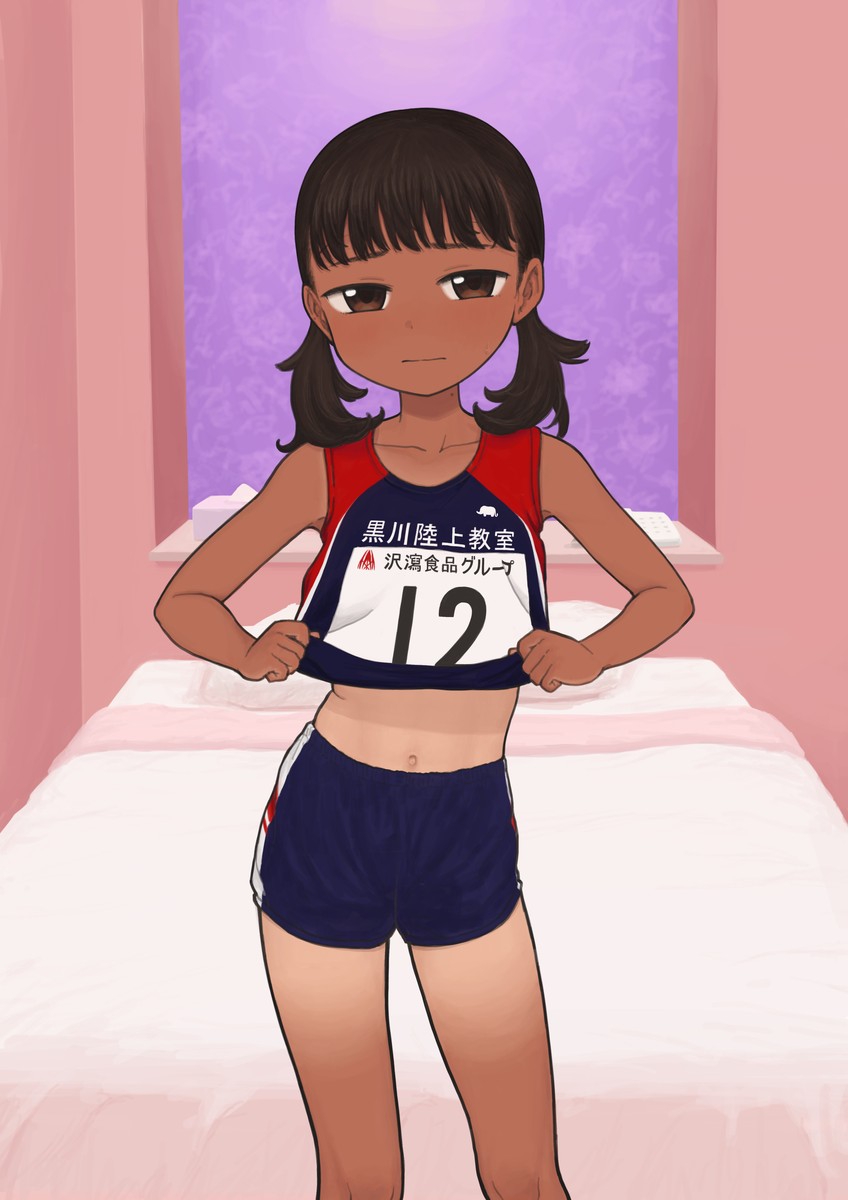 1girl bare_arms bare_shoulders bed black_hair brown_eyes closed_mouth clothes_lift commentary_request contrapposto cowboy_shot dark-skinned_female dark_skin frown highres indoors lifted_by_self looking_at_viewer low_twintails medium_hair midriff navel omodaka_(nitera1041) original race_bib shirt_lift short_shorts shorts solo stomach tan tanlines track_uniform twintails variant_set