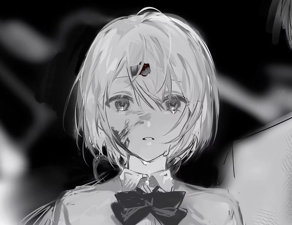 1girl blood blood_on_face bow bowtie collared_shirt crying crying_with_eyes_open dress_shirt greyscale hair_ornament hairclip long_hair looking_at_viewer monochrome nijisanji parted_lips portrait qing_yan_xia school_uniform shiina_yuika shiina_yuika_(1st_costume) shirt solo_focus tears virtual_youtuber