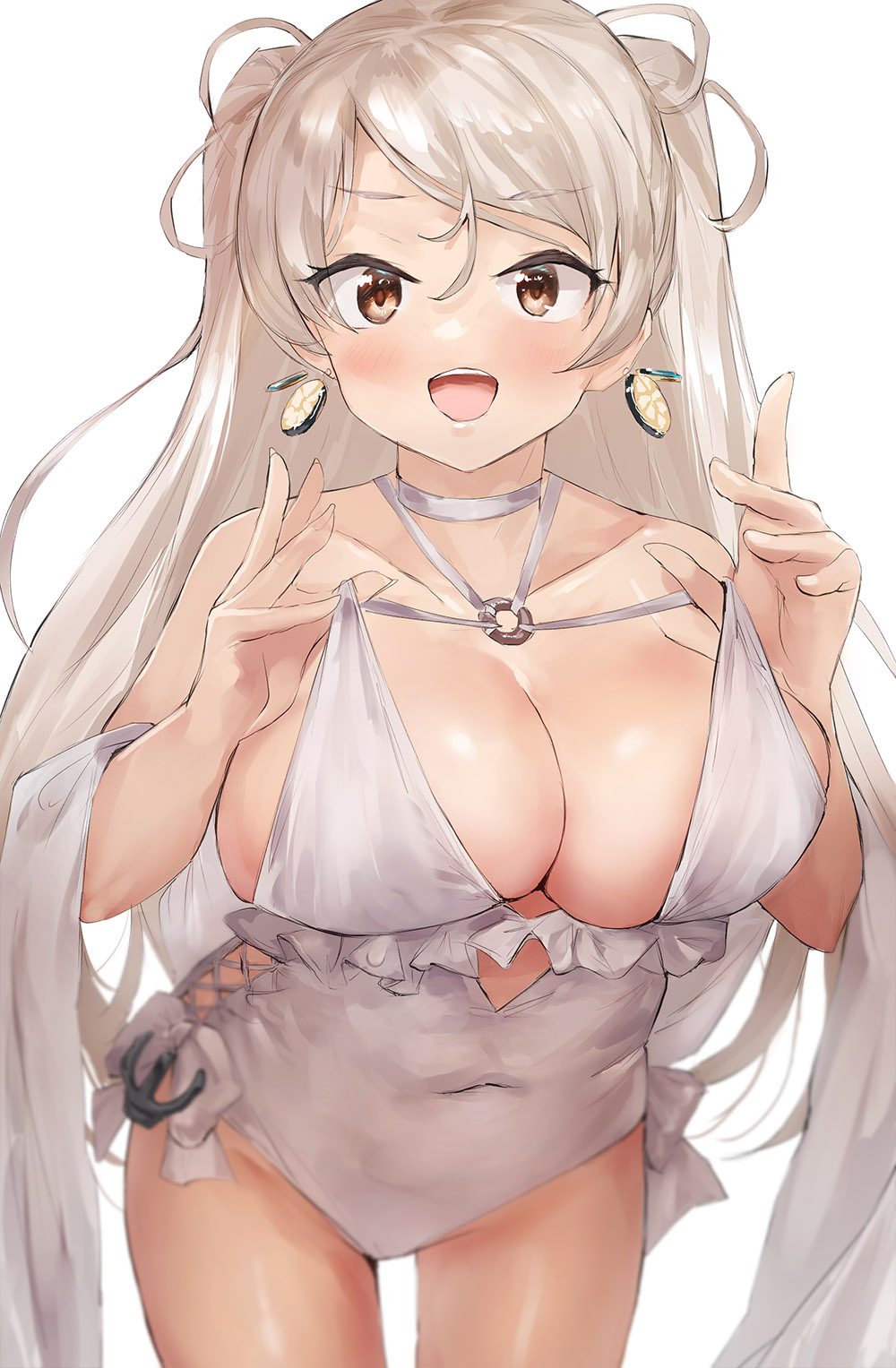 1girl blonde_hair blush breasts brown_eyes casual_one-piece_swimsuit cleavage collarbone conte_di_cavour_(kancolle) cosplay cowboy_shot earrings highres jewelry kantai_collection large_breasts long_hair o-ring o-ring_swimsuit one-piece_swimsuit open_mouth sagiri_(kancolle) sagiri_(kancolle)_(cosplay) simple_background smile solo swimsuit toka_(marchlizard) two_side_up white_background white_one-piece_swimsuit