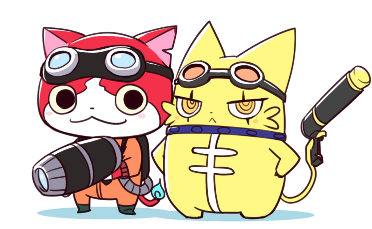 blush cat ghostbusters goggles goggles_on_head goromi_(youkai_watch) gun holding holding_gun holding_weapon jibanyan no_humans nollety notched_ear prehensile_tail simple_background tail weapon white_background yellow_eyes youkai_(youkai_watch) youkai_watch youkai_watch_busters