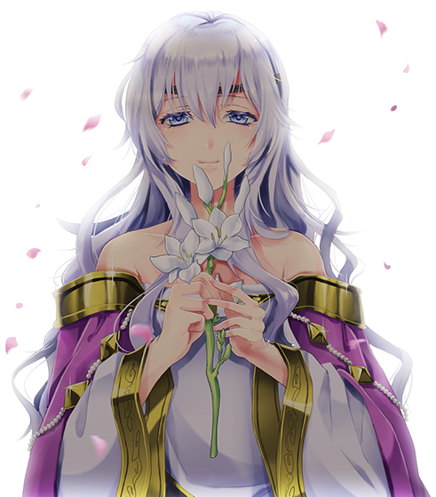 bare_shoulders closed_mouth diadora_(fire_emblem) dress fire_emblem fire_emblem:_seisen_no_keifu flower holding holding_flower long_hair long_sleeves petals purple_eyes purple_hair shimizu_ren simple_background strapless upper_body white_background