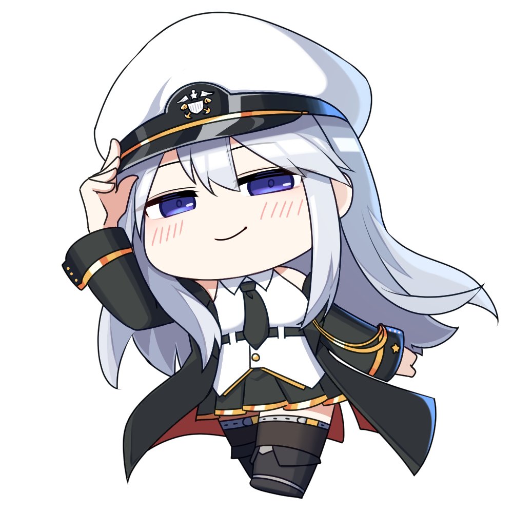 1girl arm_up azur_lane black_coat black_footwear black_necktie black_skirt black_thighhighs boots breasts chibi coat collared_shirt commentary english_commentary enterprise_(azur_lane) full_body gold_trim grey_hair hair_between_eyes half-closed_eyes hat large_breasts light_blush long_hair long_sleeves looking_at_viewer miniskirt necktie no_nose official_art open_clothes open_coat pleated_skirt purple_eyes shirt skirt sleeveless sleeveless_shirt smirk smug solo standing star_(symbol) thighhighs very_long_hair white_headwear white_shirt