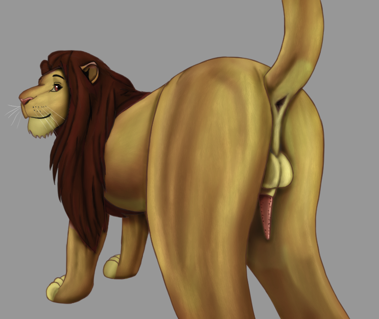 anatomically_correct anatomically_correct_genitalia anatomically_correct_penis animal_genitalia animal_penis anus backsack balls brown_eyes butt disney erection felid feline_genitalia feline_penis feral genitals lion looking_at_viewer male mammal mane pantherine penile_spines penis solo solo_focus the_lion_king wolfrayay