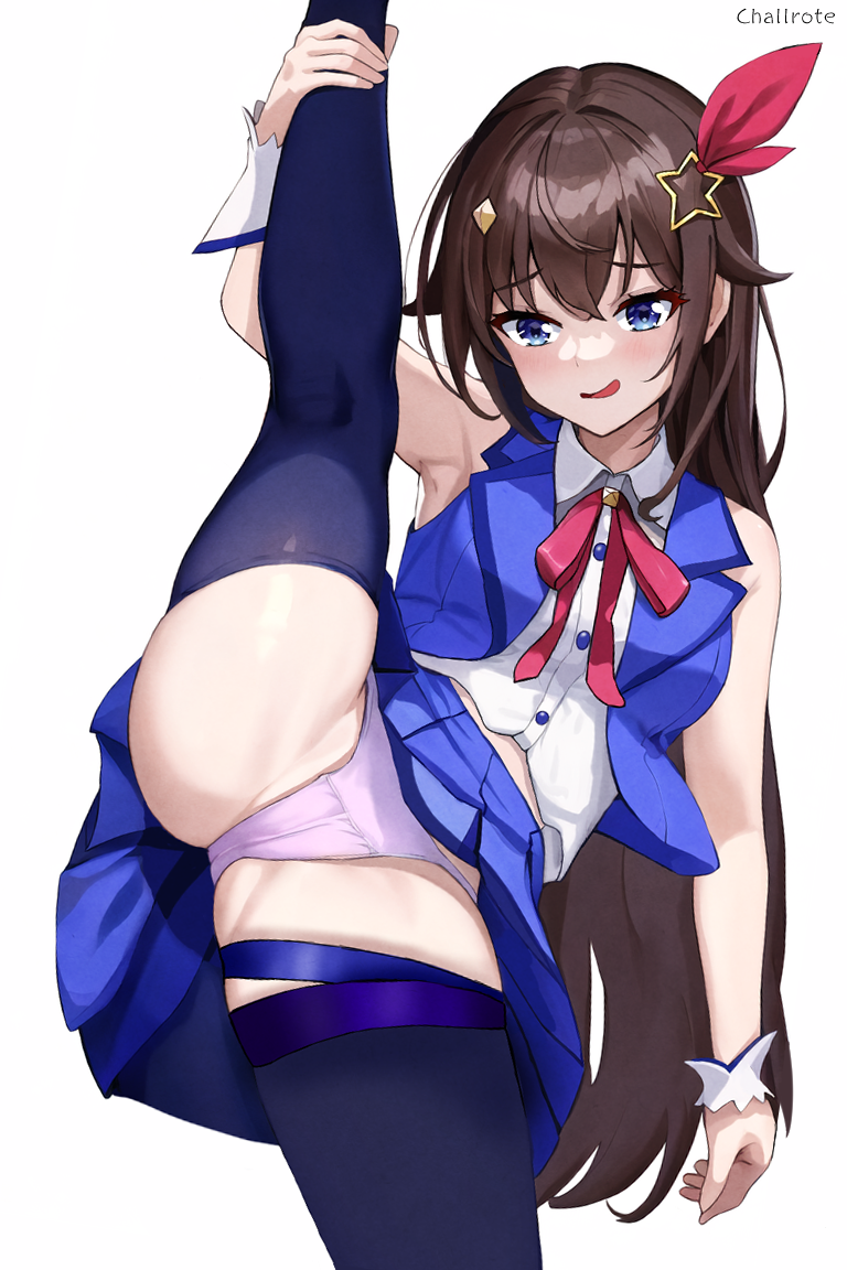 1girl armpits blue_eyes blue_skirt blue_thighhighs blue_vest bow bowtie breasts brown_hair challrote collared_shirt cropped_shirt cropped_vest detached_sleeves diamond_hair_ornament hair_between_eyes hair_flaps hair_ornament hairclip hololive kneepits leg_ribbon long_hair looking_at_viewer medium_breasts open_mouth panties pink_bow pink_bowtie pink_panties purple_eyes ribbon shirt simple_background skirt sleeveless smile split standing standing_on_one_leg standing_split star_(symbol) star_hair_ornament thigh_ribbon thighhighs tokino_sora tokino_sora_(1st_costume) tongue tongue_out underwear vest virtual_youtuber white_background white_shirt