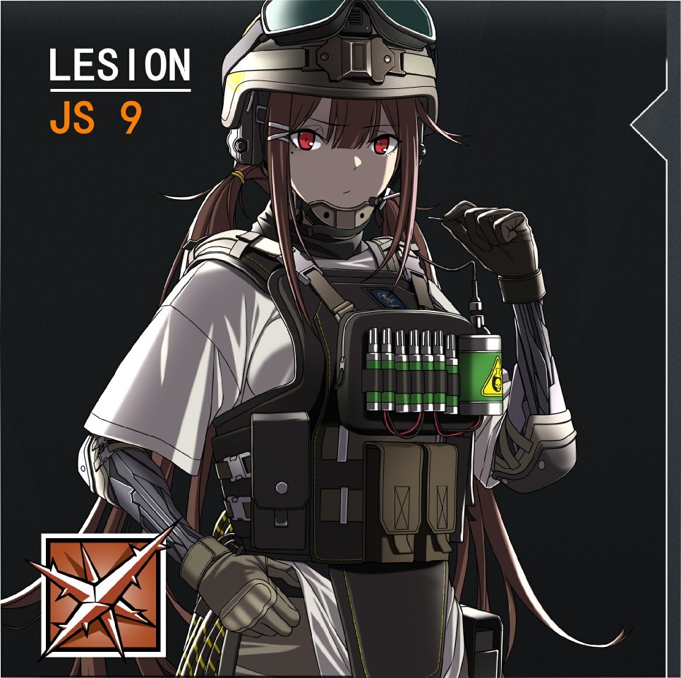1girl alternate_costume black_gloves brown_hair character_name closed_mouth commentary_request expressionless girls'_frontline gloves goggles goggles_on_headwear hair_between_eyes helmet js_9_(girls'_frontline) lesion_(rainbow_six_siege) load_bearing_vest long_hair mechanical_arms parody rainbow_six_siege red_eyes sidelocks solo upper_body yitiao_er-hua