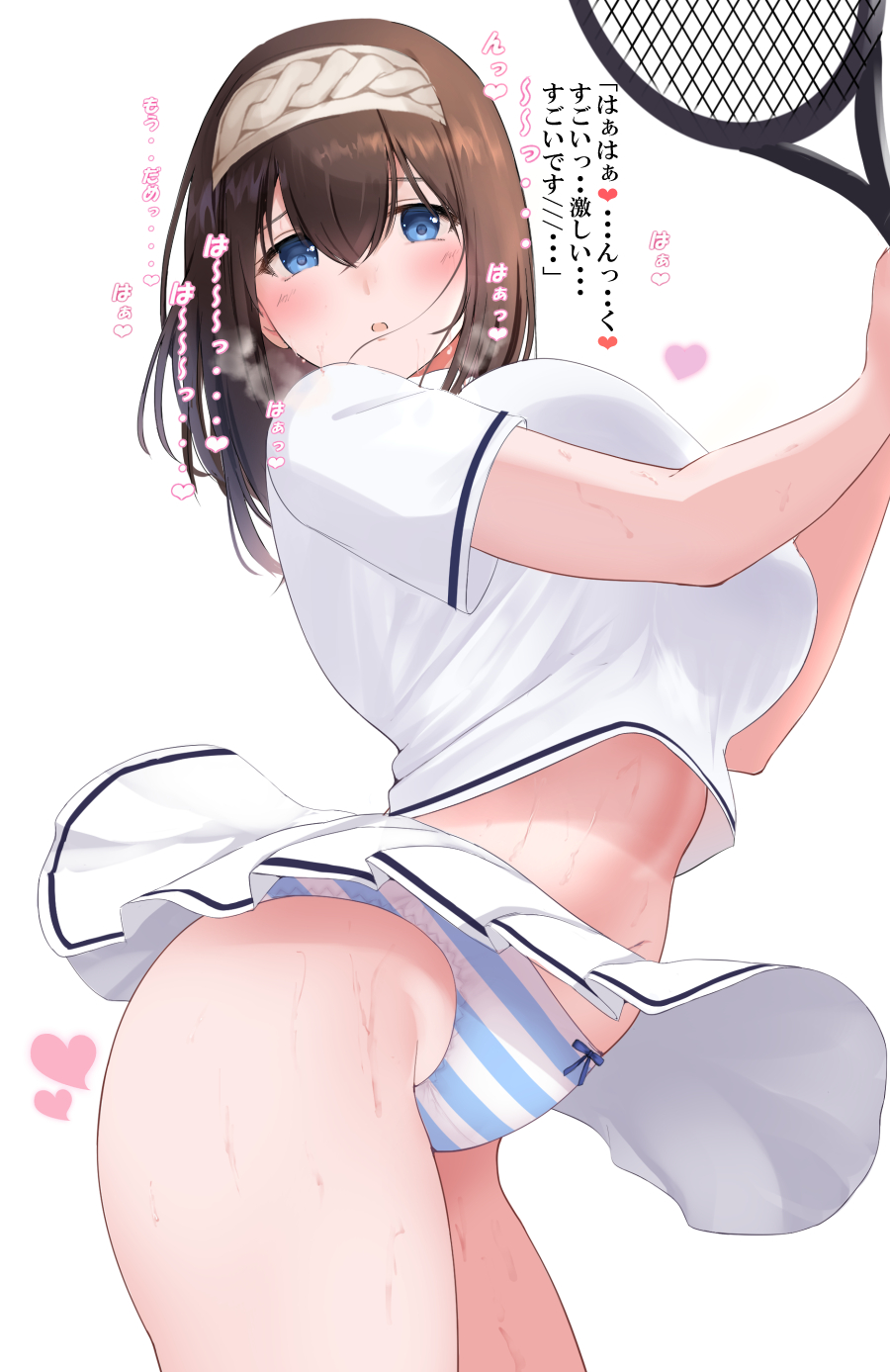 1girl alternate_breast_size black_hair blue_eyes blue_stripes blush breasts hairband highres idolmaster idolmaster_cinderella_girls large_breasts panties pantyshot ponytail_korosuke racket sagisawa_fumika sportswear striped_clothes striped_panties sweat tennis_racket tennis_uniform thighs underwear white_hairband