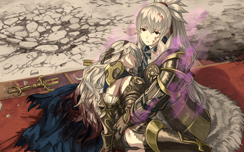 armor armored_boots black_footwear black_gloves black_hairband black_panties black_sleeves blood blood_on_face bloody_hair boots breasts broken broken_sword broken_weapon day detached_sleeves female_my_unit_(fire_emblem_if) fire_emblem fire_emblem_if frilled_sleeves frills gloves hair_ribbon hairband injury long_hair long_sleeves medium_breasts mooncanopy my_unit_(fire_emblem_if) outdoors panties pointy_ears red_eyes red_ribbon ribbon sideboob silver_hair sword takumi_(fire_emblem_if) thigh_boots thighhighs underwear very_long_hair weapon