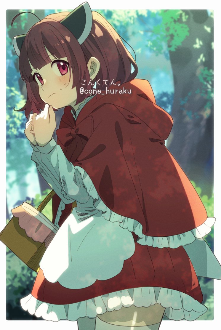 1girl ahoge apron artist_name blunt_bangs blurry blurry_background blush border brown_hair cloak commentary_request cone_huraku cosplay cowboy_shot dappled_sunlight day dress forest from_side headgear hood hood_down hooded_cloak little_red_riding_hood little_red_riding_hood_(grimm) little_red_riding_hood_(grimm)_(cosplay) long_sleeves looking_to_the_side medium_hair nature nervous outdoors outside_border picnic_basket red_cloak red_dress red_eyes short_dress solo sunlight sweat thighhighs touhoku_kiritan twitter_username voiceroid watermark white_apron white_border white_thighhighs
