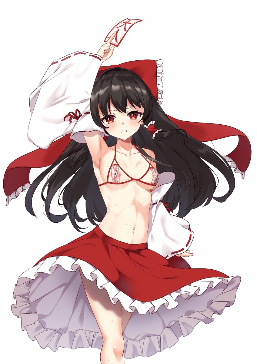 1girl ambasa ascot black_hair blush bow bra breasts cupless_bra danmaku detached_sleeves frilled_bow frilled_hair_tubes frills gohei hair_bow hair_tubes hakurei_reimu highres long_hair midriff navel ofuda ofuda_on_clothes open_mouth red_bow red_eyes red_skirt ribbon-trimmed_sleeves ribbon_trim skirt solo touhou underboob underwear yellow_ascot