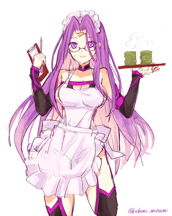 1girl alternate_costume apron breasts choker cleavage clipboard collarbone cowboy_shot cup detached_sleeves dress facial_mark fate/grand_order fate/stay_night fate_(series) forehead_mark glasses hip_vent izumi_minami large_breasts long_hair looking_at_viewer maid maid_apron maid_headdress medusa_(fate) medusa_(rider)_(fate) medusa_(rider)_(third_ascension)_(fate) open_mouth pen purple_eyes sketch solo strapless strapless_dress sweat teacup tray twitter_username very_long_hair white_background