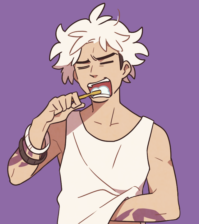 1boy arm_tattoo bare_arms bare_shoulders black_hair brushing_teeth closed_eyes collarbone guzma_(pokemon) multicolored_hair open_mouth pokemon pokemon_sm purple_background short_hair solo ssalbulre tank_top tattoo thick_eyebrows two-tone_hair very_short_hair white_hair