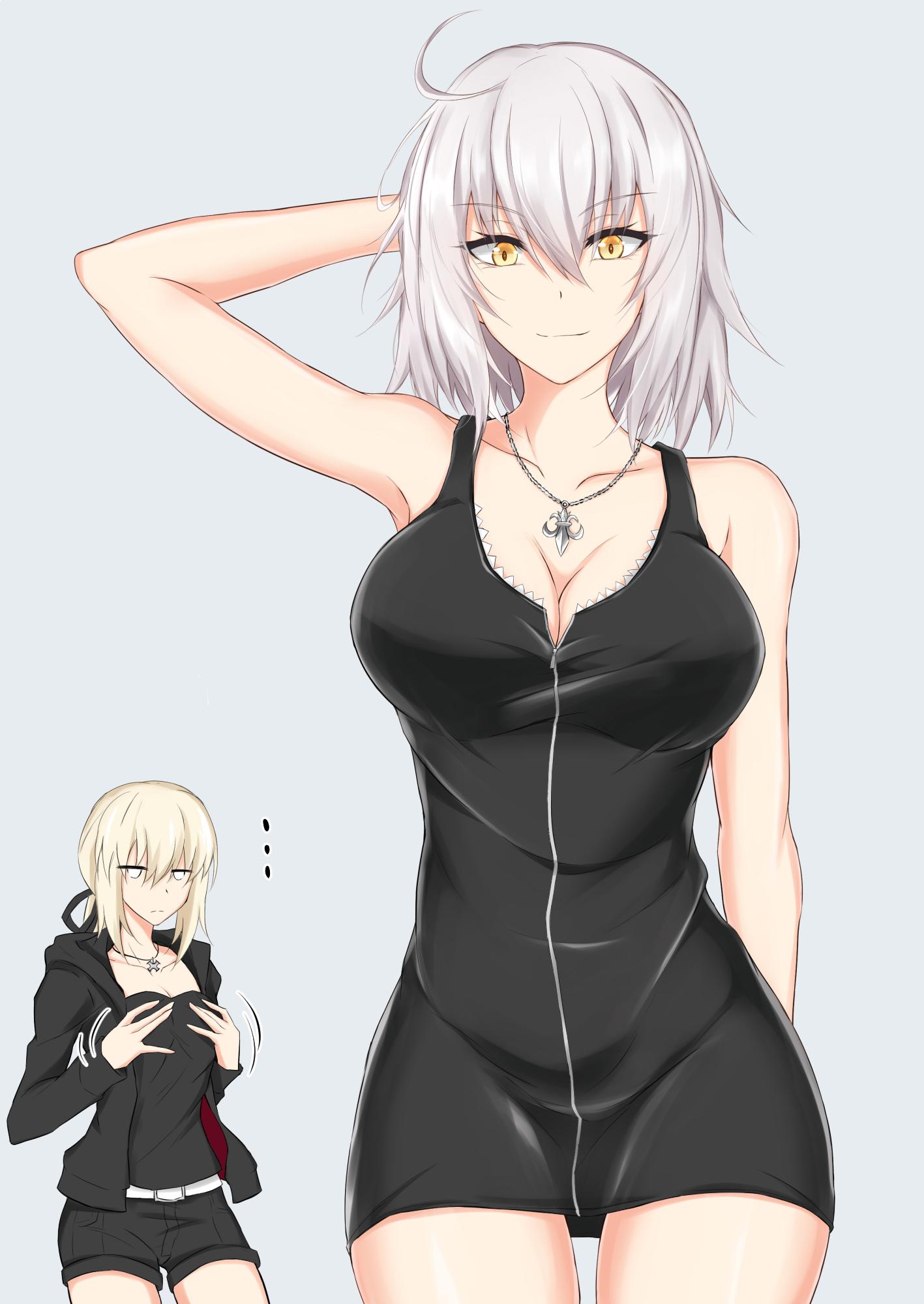 ... 2girls ahoge arm_behind_head arm_up armpits artoria_pendragon_(all) bangs bare_arms bare_shoulders belt black_dress black_jacket black_ribbon black_shorts blonde_hair breast_envy breasts cleavage commentary_request cowboy_shot dress eyebrows_visible_through_hair fate/grand_order fate_(series) grey_background hair_between_eyes hair_ribbon hands_on_own_chest highres hood hooded_jacket jacket jeanne_d'arc_(alter)_(fate) jeanne_d'arc_(fate)_(all) jewelry jitome large_breasts long_sleeves looking_at_viewer medium_breasts multiple_girls open_clothes open_jacket pendant piro_(iiiiiiiiii) ribbon saber_alter short_dress short_hair short_shorts shorts sidelocks silver_hair simple_background sleeveless sleeveless_dress smile standing thighs white_belt yellow_eyes zipper