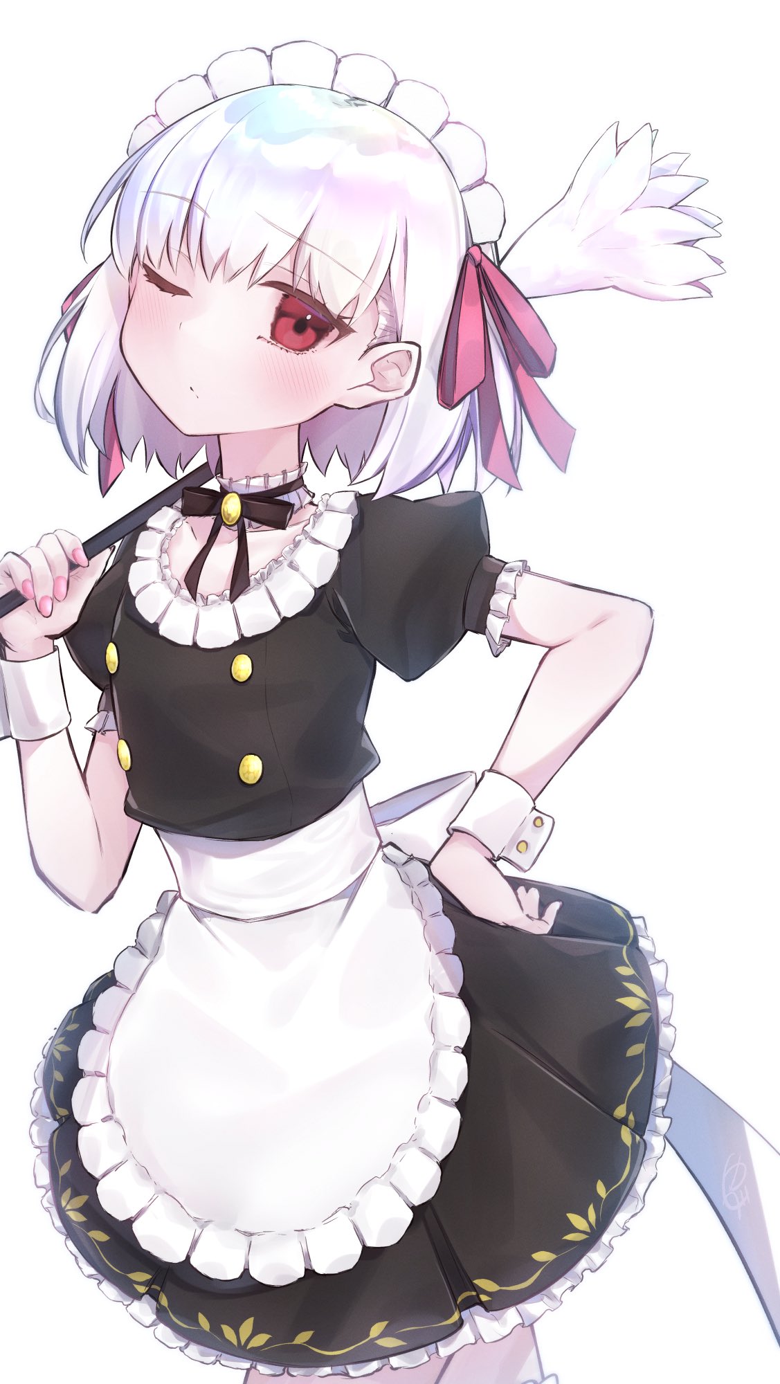 1girl apron black_dress dress duster fate/grand_order fate_(series) feather_duster grey_hair hair_ribbon hand_on_own_hip highres kama_(fate) kama_(mistake)_(fate) maid maid_apron maid_headdress one_eye_closed red_eyes ribbon white_background wrist_cuffs yubeshi_(zecxl)