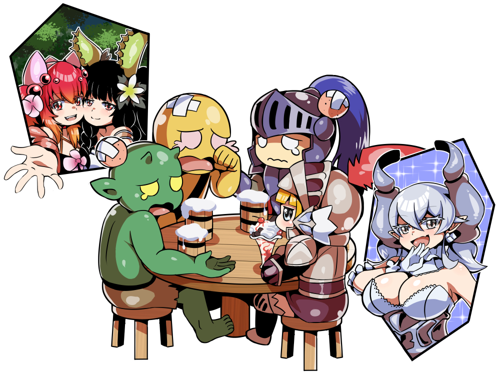 3boys 4girls alcohol armor bald bandaid barefoot beer black_hair blank_eyes blonde_hair blue_eyes breasts chair cheek-to-cheek cleavage crying diti_(selecta) duel_monster flower gloves goblin grey_eyes grey_hair hair_flower hair_ornament head_bump heads_together horns knight knight_(yu-gi-oh!) large_breasts laughing long_hair lovely_labrynth_of_the_silver_castle multiple_boys multiple_girls open_mouth outstretched_hand pointy_ears red_hair shorts simple_background sitting smile table traptrix_dionaea traptrix_nepenthes white_background yu-gi-oh!