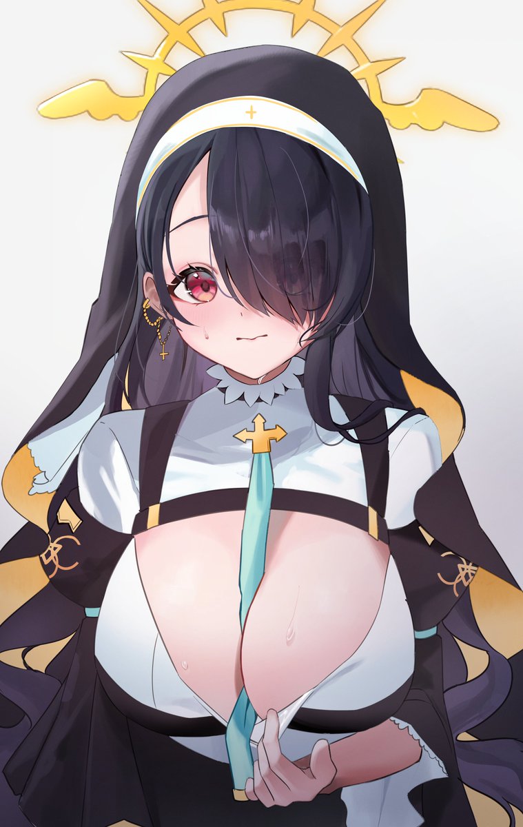 1girl between_breasts black_hair black_veil blue_archive blue_necktie blush breasts chest_harness chie_(user_snfh8333) cleavage closed_mouth coif collared_shirt earrings eyes_visible_through_hair habit hair_over_one_eye halo harness highres hinata_(blue_archive) huge_breasts jewelry long_sleeves looking_at_viewer necktie necktie_between_breasts nose_blush nun pulled_by_self red_eyes shirt sidelocks simple_background solo straight-on upper_body veil white_background white_shirt