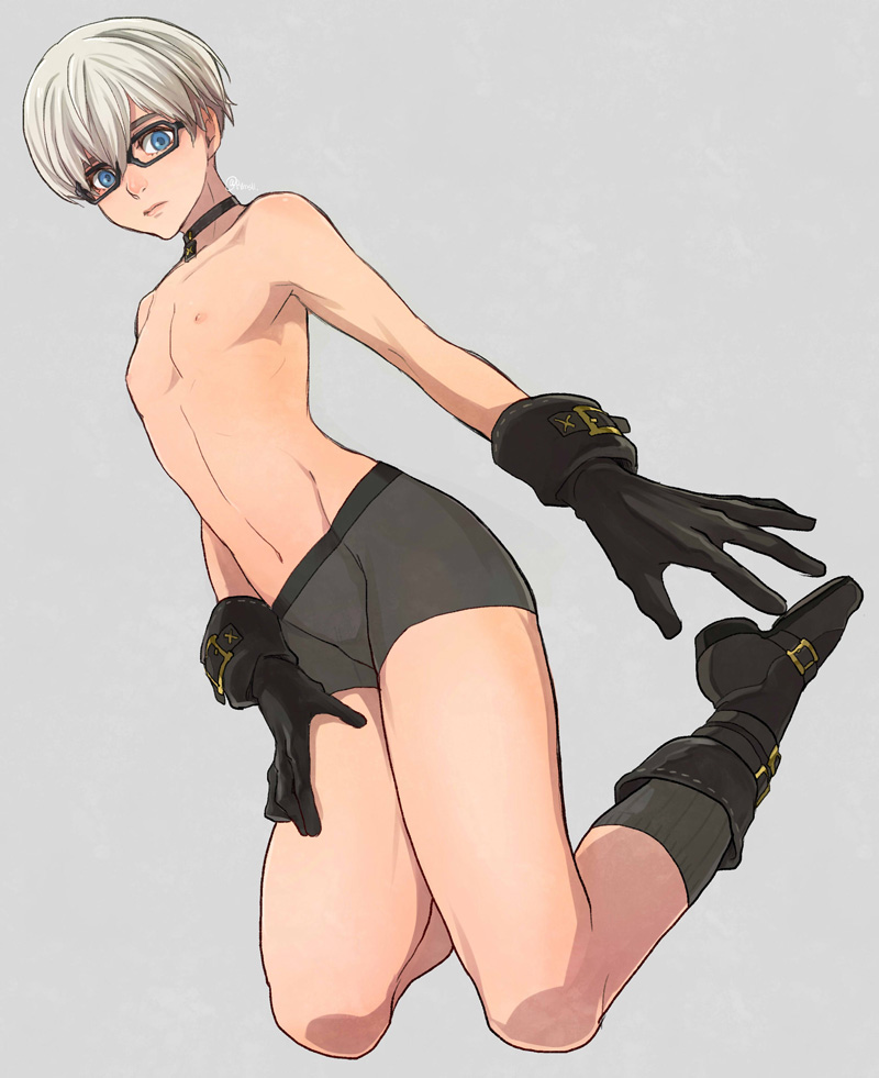 1boy 9s_(nier:automata) bishounen black_choker black_gloves blue_eyes choker closed_mouth from_below full_body glasses gloves grey_background male_focus nier:automata nier_(series) nipples otoko_no_ko payu_(pyms11) shoes shorts simple_background socks solo thighs topless_male