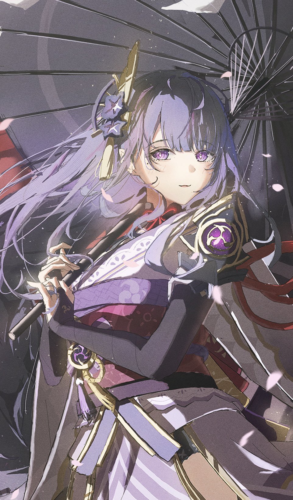 1girl blunt_bangs cowboy_shot genshin_impact hair_ornament highres holding holding_umbrella japanese_clothes kimono long_hair looking_at_viewer namito_nami parasol purple_eyes purple_hair purple_kimono raiden_shogun solo standing umbrella