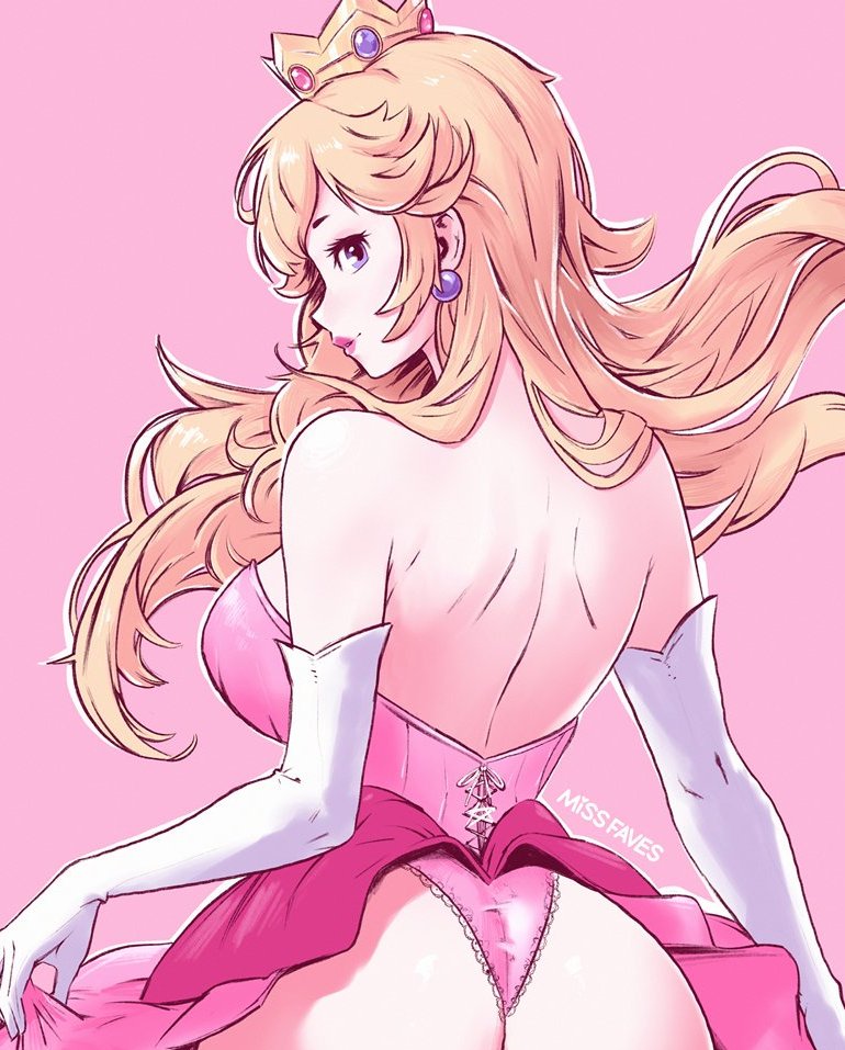1girl ass bare_shoulders blonde_hair blue_eyes breasts crown dress earrings elbow_gloves from_behind gloves jewelry large_breasts long_hair looking_at_viewer looking_back mario_(series) miss_faves panties pink_background pink_dress pink_panties princess_peach simple_background solo underwear