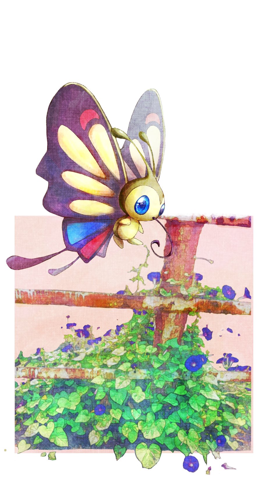 animal_focus antennae beautifly blue_eyes border bug bush butterfly fence fireblast highres multicolored_wings no_humans pokemon pokemon_(creature) white_background white_border wings