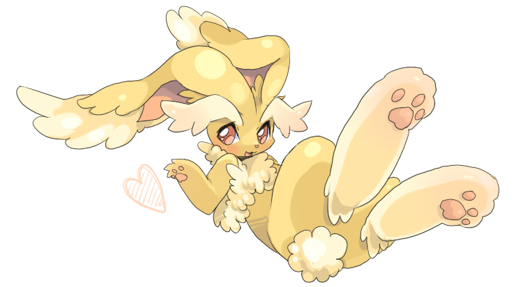 2008 3_toes ambiguous_gender big_ears biped blush chest_tuft digital_media_(artwork) digitigrade eyebrows feet fluffy fluffy_ears fluffy_eyebrows fluffy_tail fur generation_4_pokemon heart_symbol inner_ear_fluff kemono legs_up long_ears long_eyebrows looking_aside lopunny lying neck_tuft nintendo on_back pawpads paws pink_eyes pokemon pokemon_(species) rear_view shaded simple_background smile snout solo suppainu tail tan_body tan_fur toes tuft white_background