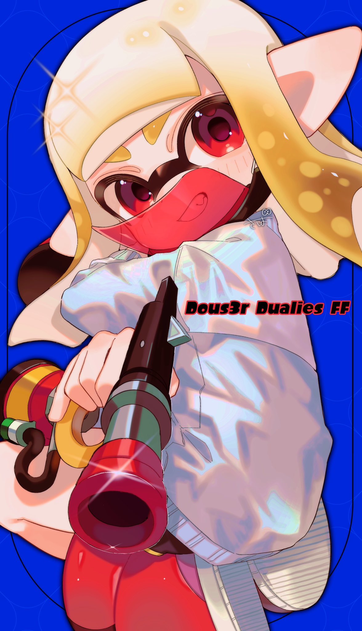 1girl black_shorts blonde_hair blue_background douser_dualies_(splatoon) dual_wielding grin highres holding inkling inkling_girl inkling_player_character long_hair mask mouth_mask pointy_ears red_eyes red_footwear red_mask sahata_saba see-through_mask shoes shorts smile solo splatoon_(series) splatoon_3 sweater tentacle_hair weapon_name white_sweater