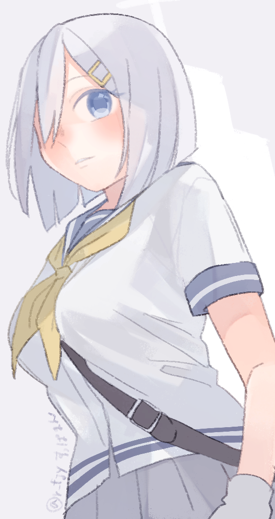 1girl between_breasts blue_eyes breasts gloves grey_hair grey_sailor_collar grey_skirt hair_ornament hair_over_one_eye hairclip hamakaze_(kancolle) kantai_collection neckerchief sailor_collar school_uniform serafuku shirt short_hair short_sleeves skirt solo strap_between_breasts suppaman_(rfjy) white_gloves white_shirt yellow_neckerchief