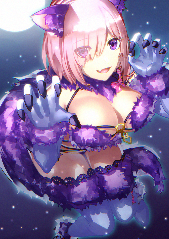 1girl animal_ears bare_shoulders blush breasts claw_pose claws dangerous_beast elbow_gloves fate/grand_order fate_(series) full_moon fur-trimmed_gloves fur-trimmed_legwear fur_collar fur_trim gloves hair_over_one_eye halloween_costume kibou lace lace-trimmed_legwear large_breasts lavender_hair leaning_forward looking_at_viewer mash_kyrielight moon night night_sky o-ring o-ring_top open_mouth purple_eyes purple_gloves purple_legwear revealing_clothes short_hair sky smile solo tail thighs wolf_ears wolf_girl wolf_tail