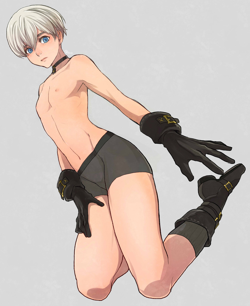 1boy 9s_(nier:automata) bishounen black_choker black_gloves blue_eyes choker closed_mouth from_below full_body gloves grey_background male_focus nier:automata nier_(series) nipples otoko_no_ko payu_(pyms11) shoes shorts simple_background socks solo thighs topless_male